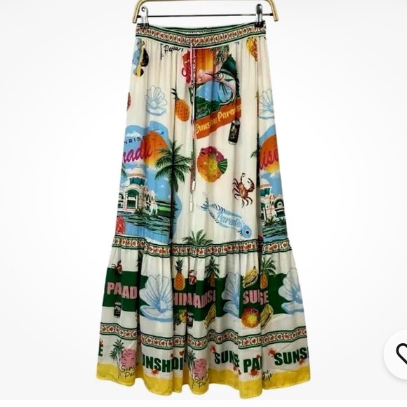 New Rachel Zoe Sunshine Paradise Palm Ocean Fish A-Line Tier Maxi Skirt - Picture 4 of 13